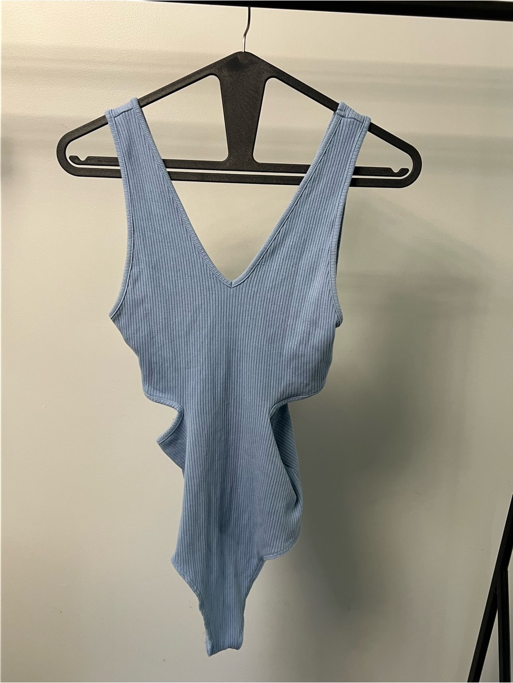 Sleeveless Ribbed V-Neck Bodysuit in Light Blue